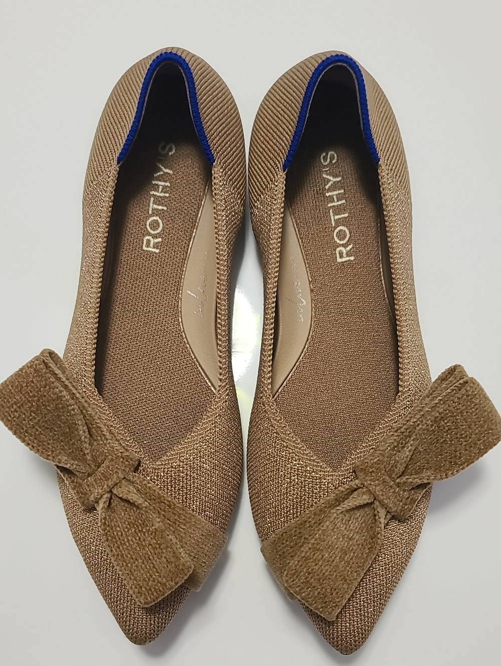 Rothy's Tan Pointed Knit Ballet Flats with Bow Trim Sz 6.5 Gold Shimmer